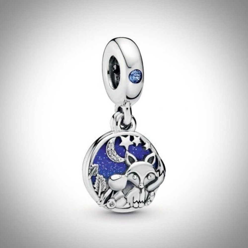Night fox 3D Silver and Blue Enamel Charm